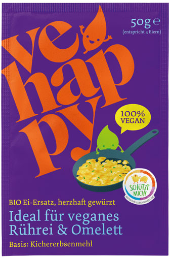 Für Rührei und Omelette: veganger Ei-Ersatz von der Marke Vehappy.