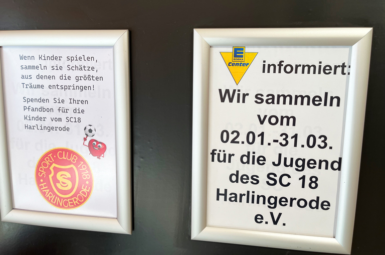 Aufruf zur Pfandspende am Leergutautomaten im E-Center Lunze für den SC Harlingerode